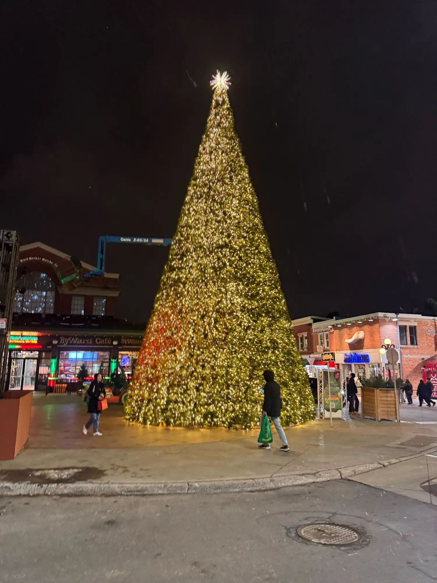 Large commercial Christmas tree lighting display in the ByWard Market, Ottawa.