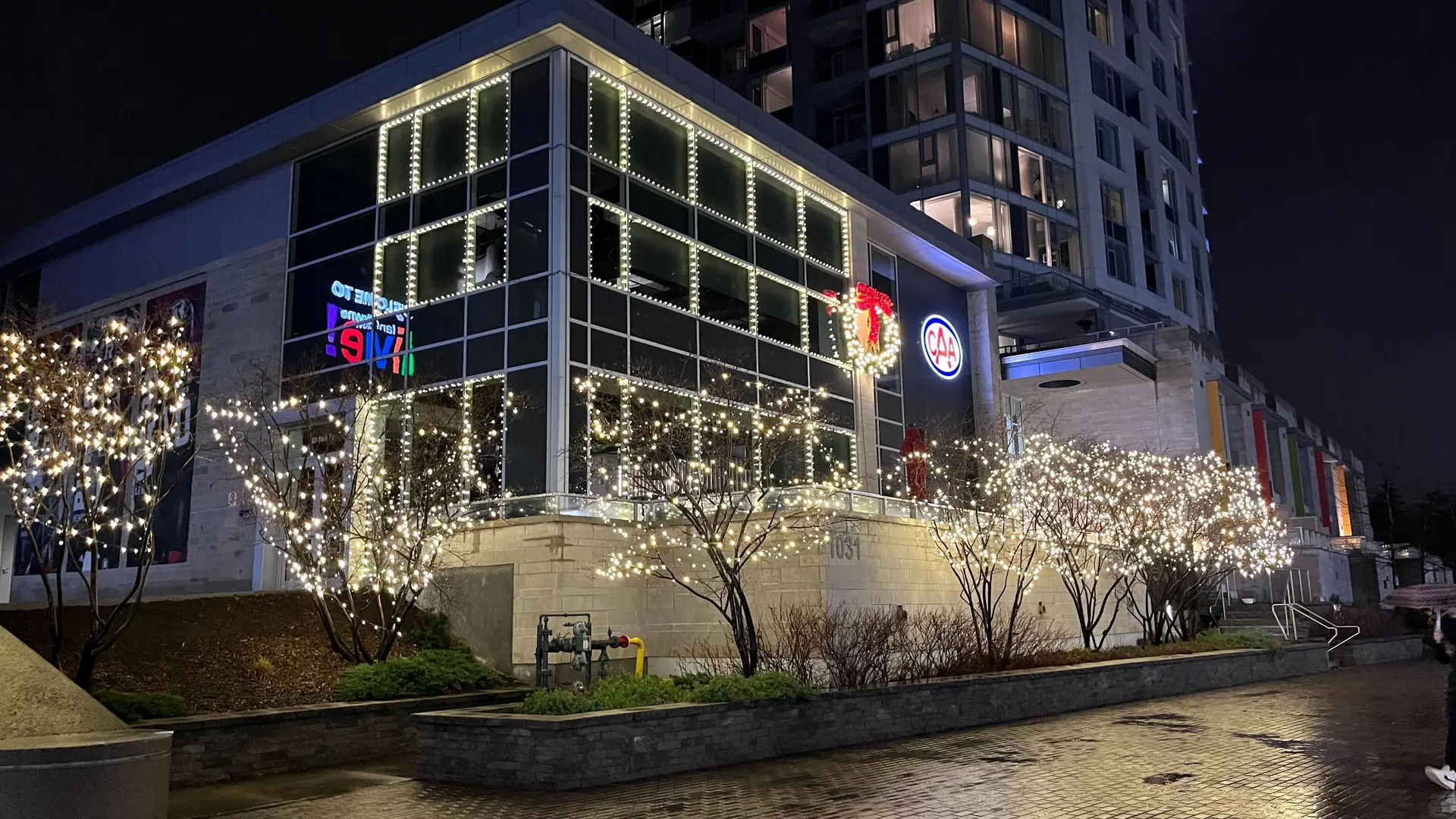 Professional warm-white roofline, wreath, and landscape Christmas lighting on an Ottawa commercial property